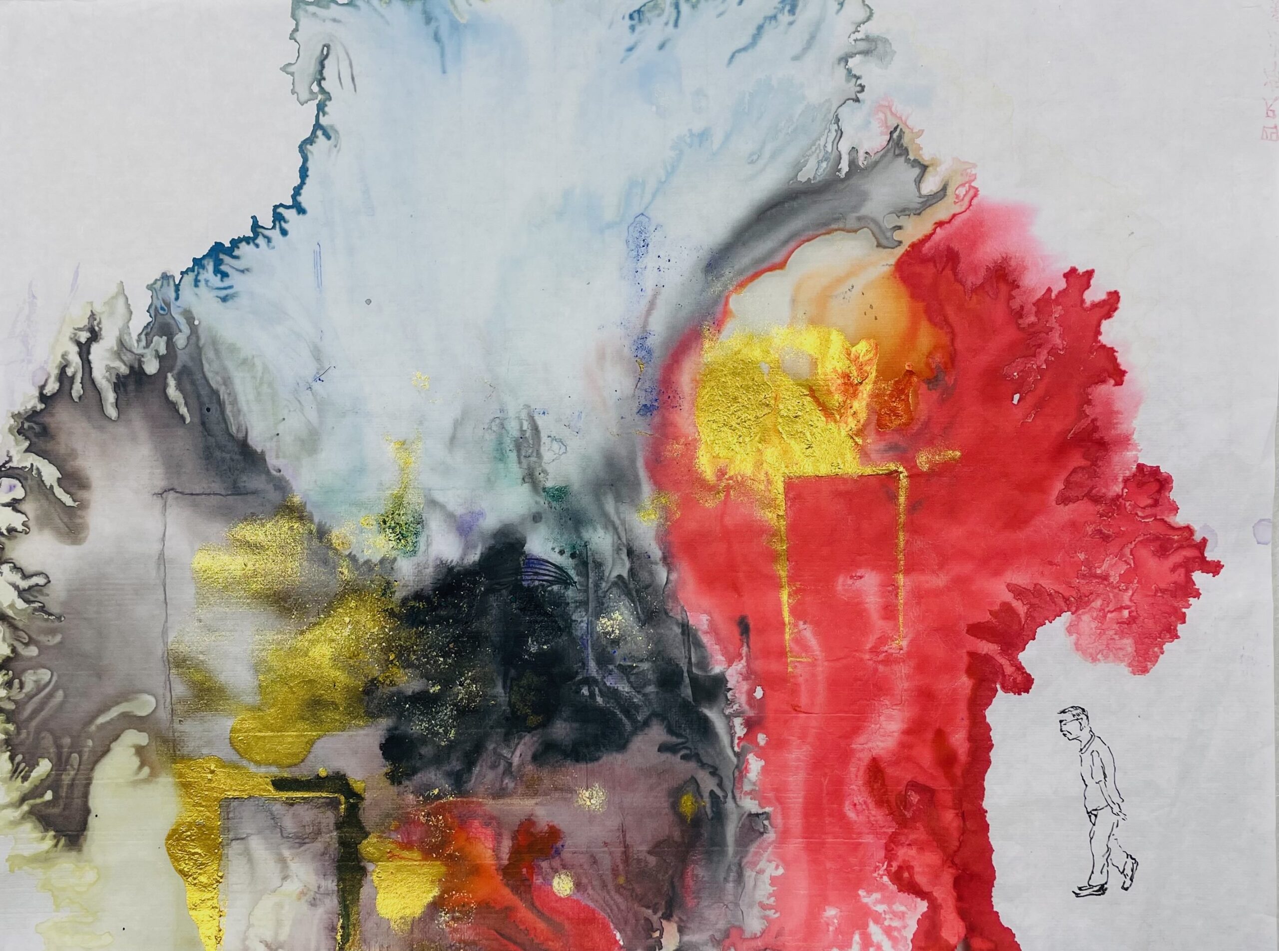 Man Walking Into Red, Gold, Black and Blue